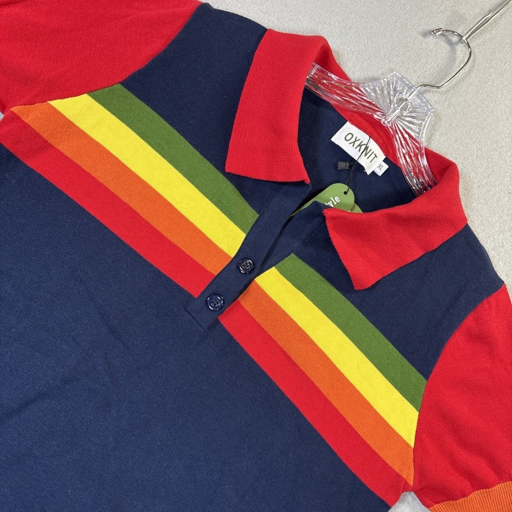 Oxknit Store Men Retro Sweater Polo Shirt Size XL Blue/Red 60s 70s Style NWT